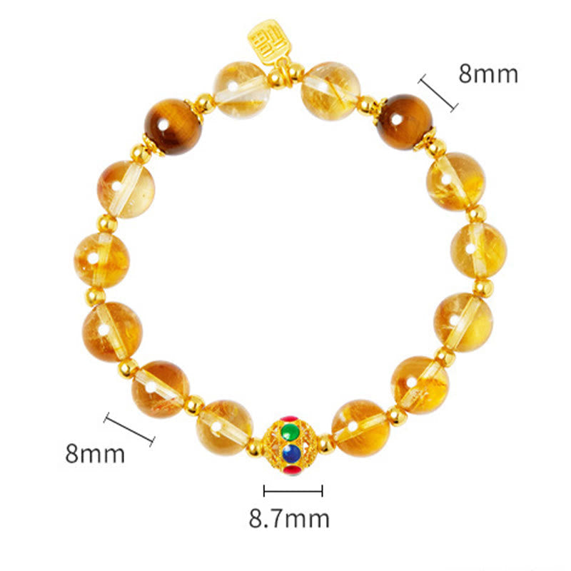 925 Sterling Silver Fu Character Citrine & Tiger Eye Beaded Bracelet