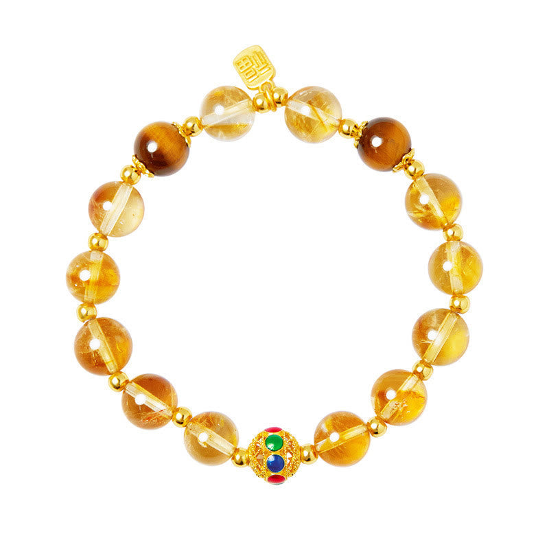 925 Sterling Silver Fu Character Citrine & Tiger Eye Beaded Bracelet
