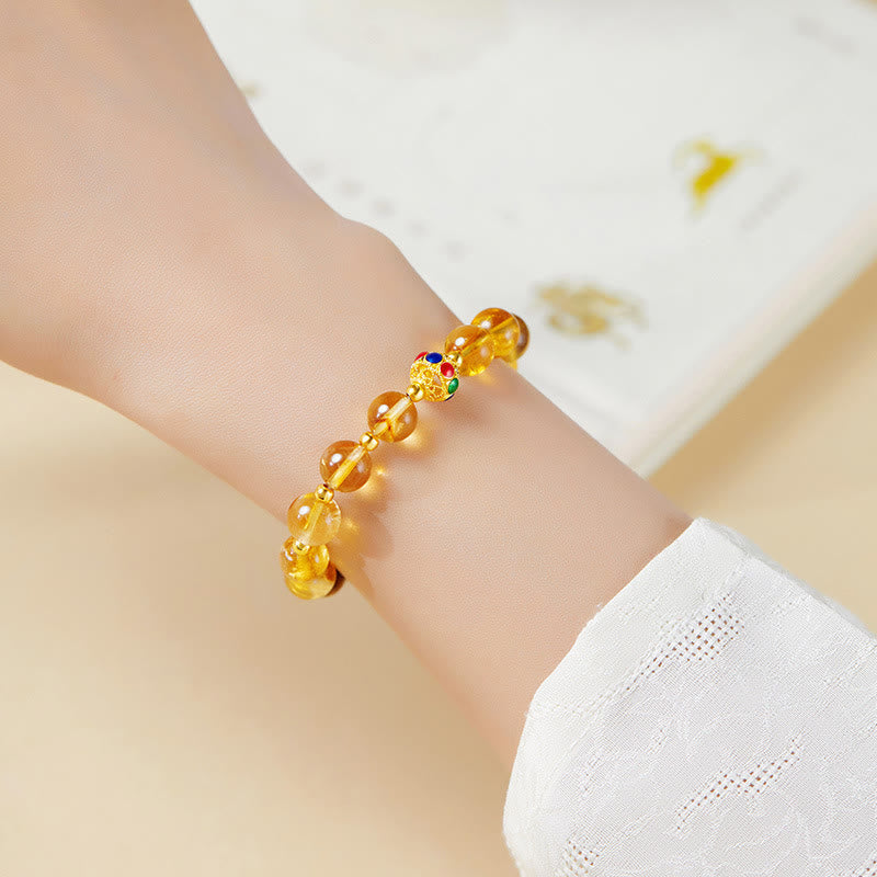 925 Sterling Silver Fu Character Citrine & Tiger Eye Beaded Bracelet