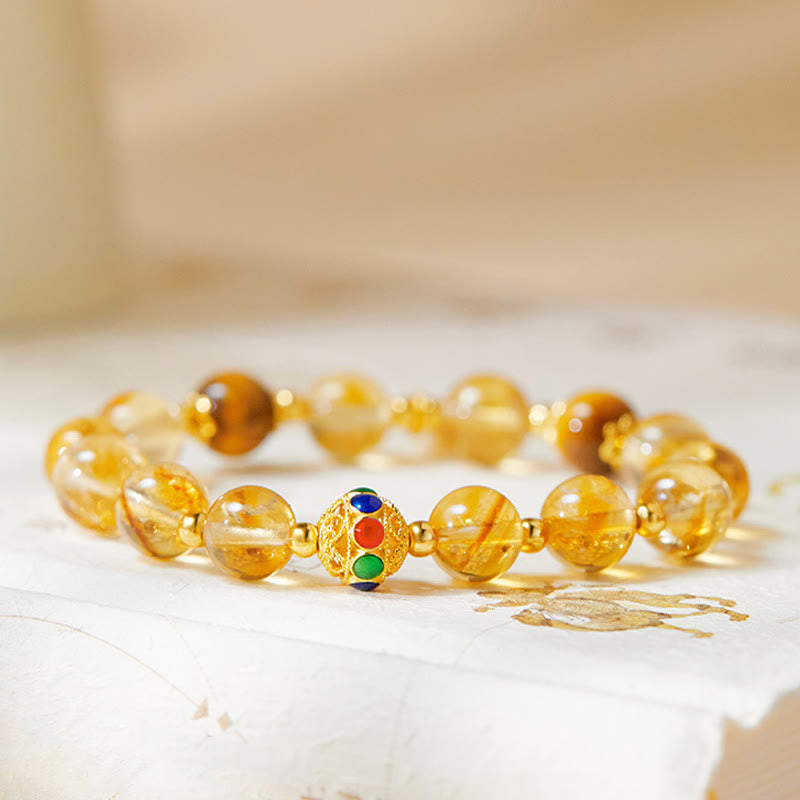 925 Sterling Silver Fu Character Citrine & Tiger Eye Beaded Bracelet