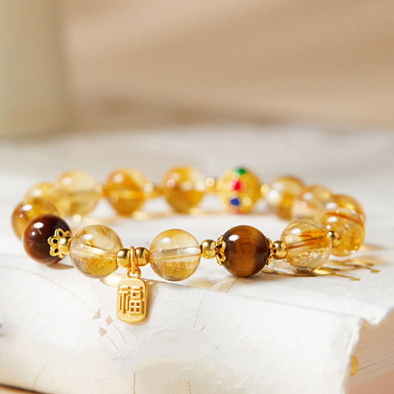 925 Sterling Silver Fu Character Citrine & Tiger Eye Beaded Bracelet