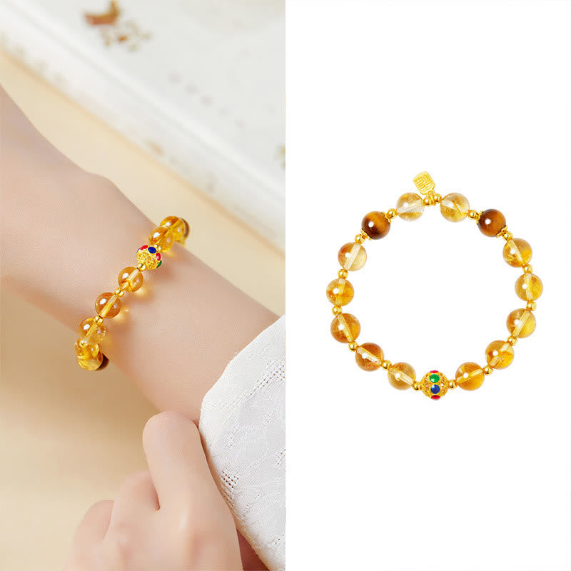 925 Sterling Silver Fu Character Citrine & Tiger Eye Beaded Bracelet