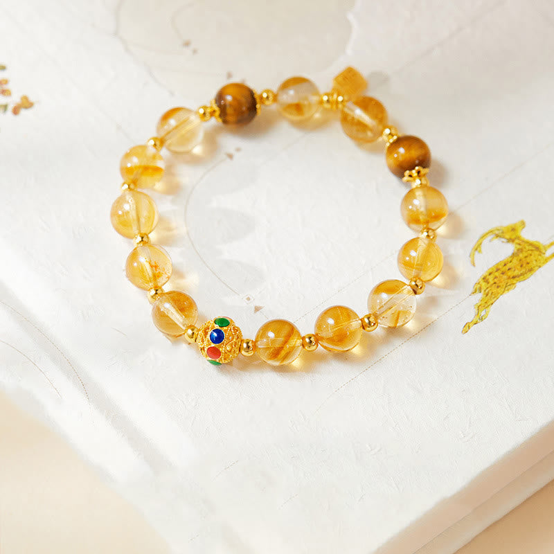 925 Sterling Silver Fu Character Citrine & Tiger Eye Beaded Bracelet