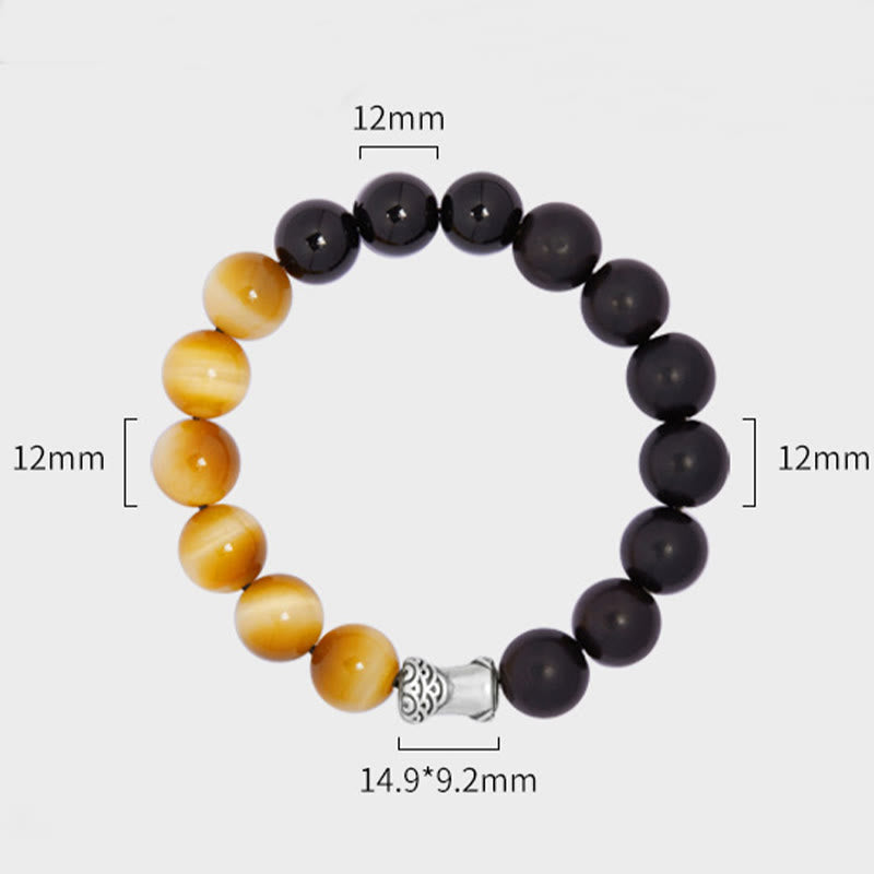 999 Fine Silver Ebony Wood Tiger Eye and Black Obsidian Beaded Bracelet