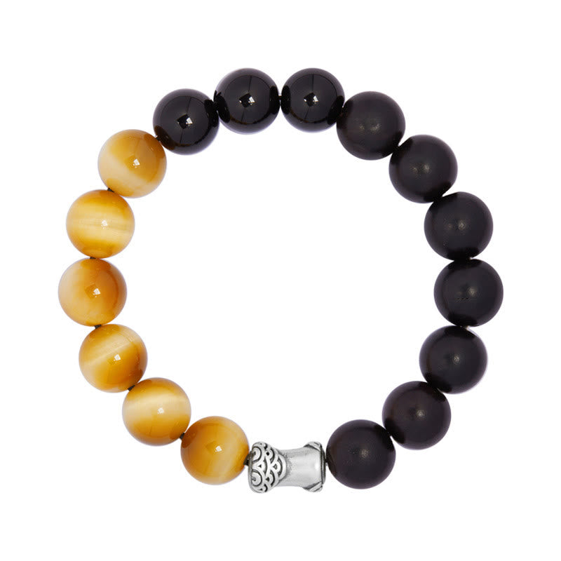 999 Fine Silver Ebony Wood Tiger Eye and Black Obsidian Beaded Bracelet