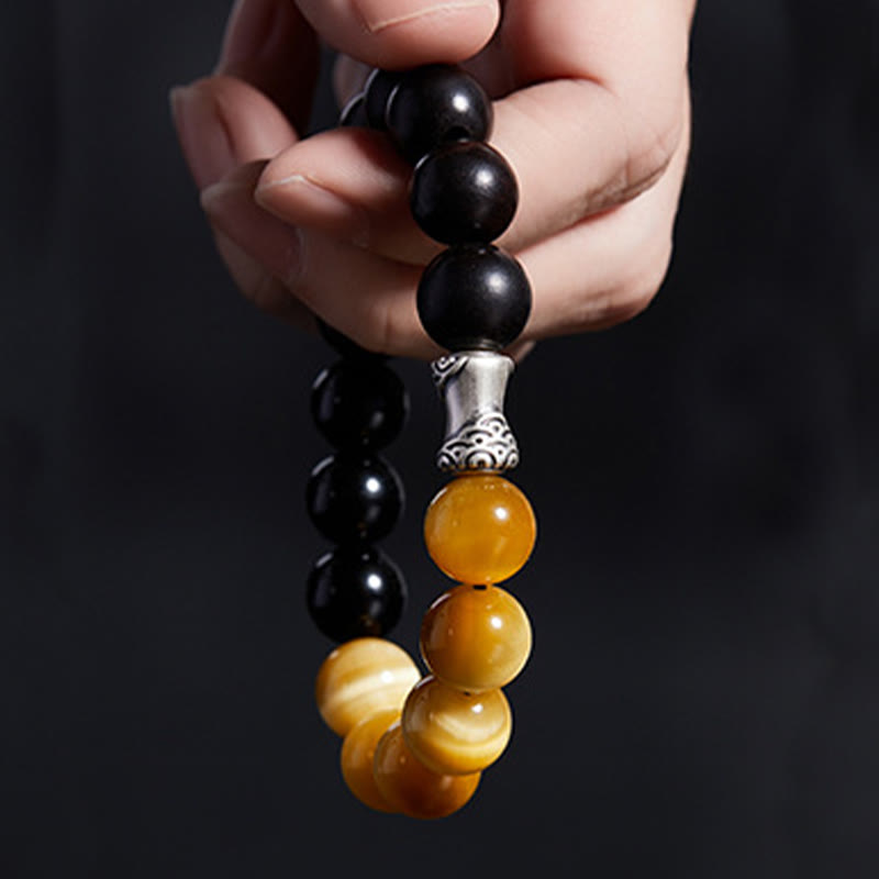 999 Fine Silver Ebony Wood Tiger Eye and Black Obsidian Beaded Bracelet