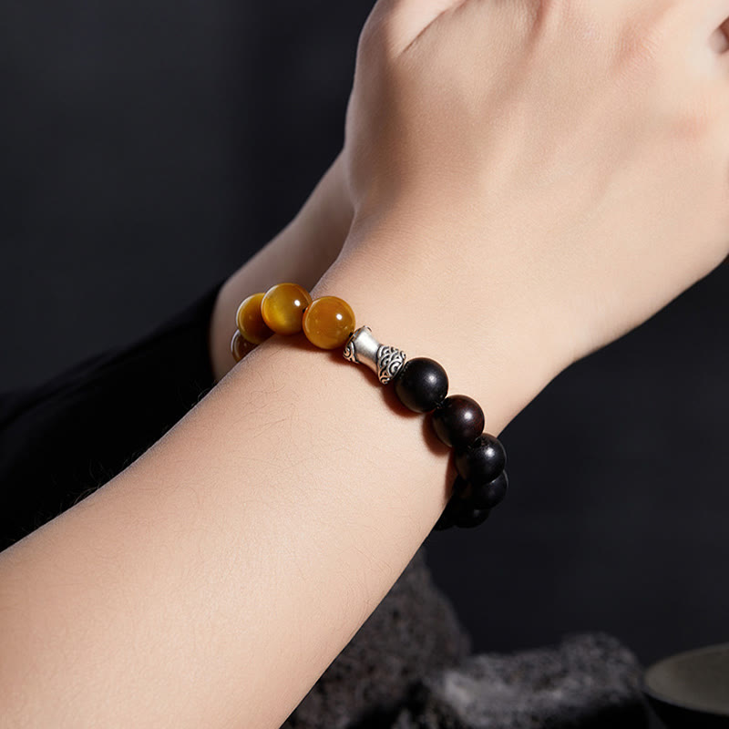 999 Fine Silver Ebony Wood Tiger Eye and Black Obsidian Beaded Bracelet