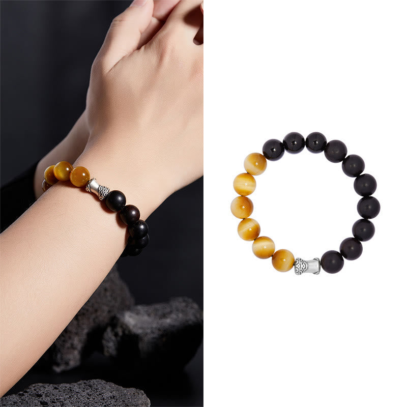 999 Fine Silver Ebony Wood Tiger Eye and Black Obsidian Beaded Bracelet