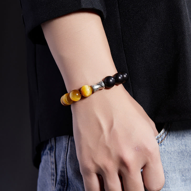 999 Fine Silver Ebony Wood Tiger Eye and Black Obsidian Beaded Bracelet