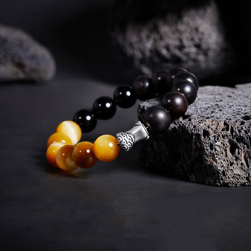 999 Fine Silver Ebony Wood Tiger Eye and Black Obsidian Beaded Bracelet