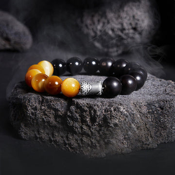 999 Fine Silver Ebony Wood Tiger Eye and Black Obsidian Beaded Bracelet