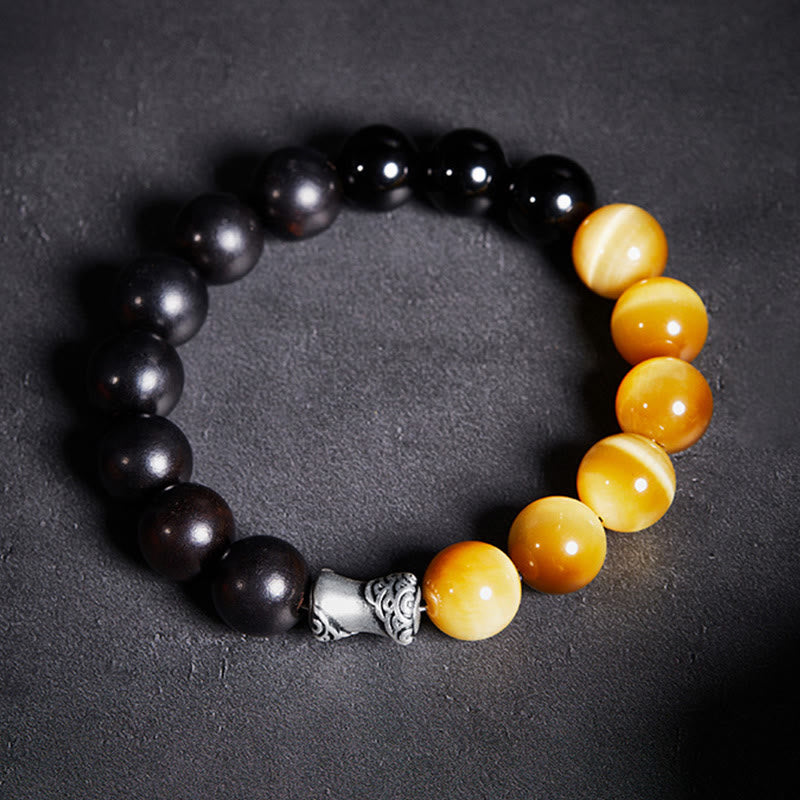 999 Fine Silver Ebony Wood Tiger Eye and Black Obsidian Beaded Bracelet