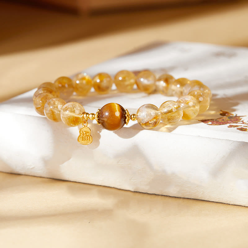 925 Sterling Silver Gourd Fu Character Citrine Tiger Eye Prosperity Bracelet