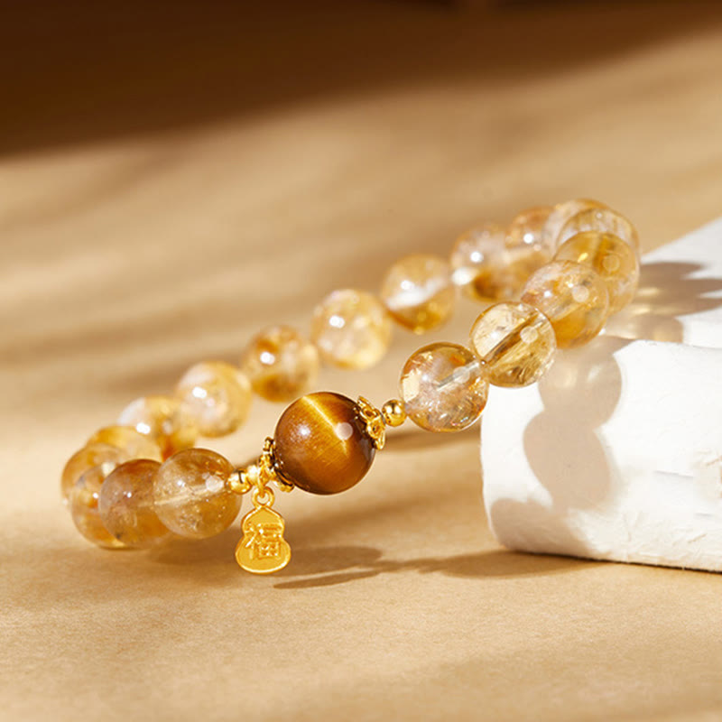 925 Sterling Silver Gourd Fu Character Citrine Tiger Eye Prosperity Bracelet
