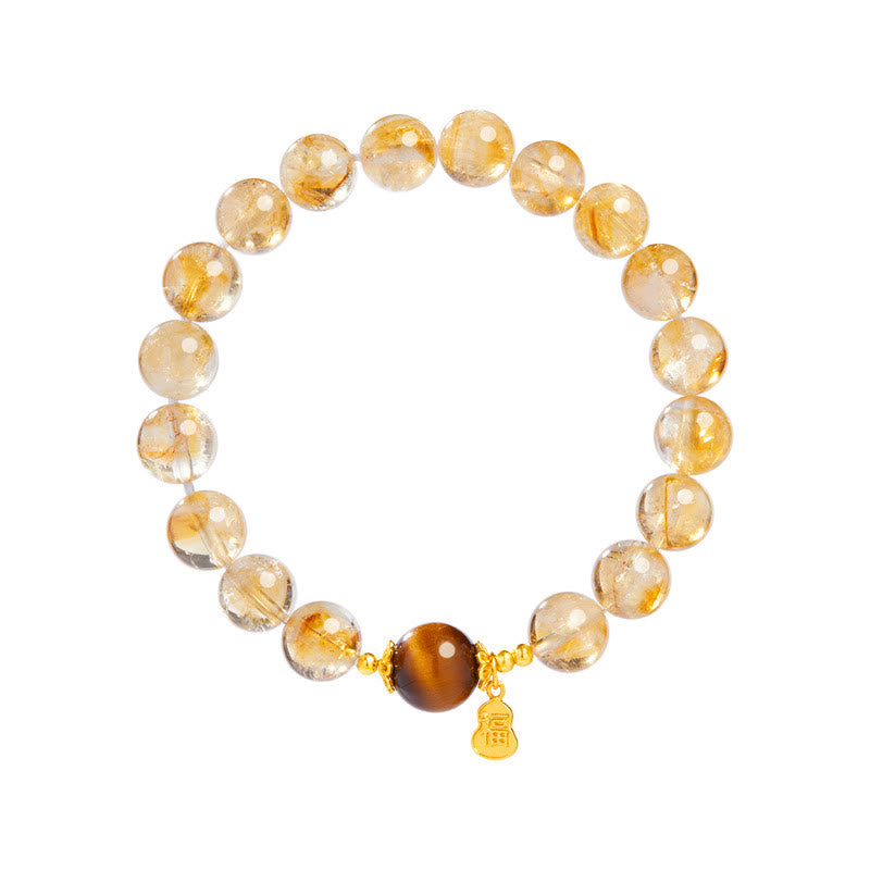 925 Sterling Silver Gourd Fu Character Citrine Tiger Eye Prosperity Bracelet
