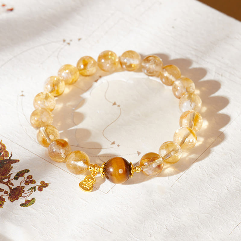 925 Sterling Silver Gourd Fu Character Citrine Tiger Eye Prosperity Bracelet