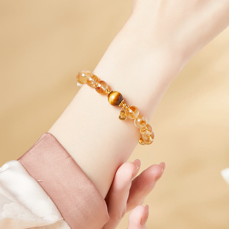 925 Sterling Silver Gourd Fu Character Citrine Tiger Eye Prosperity Bracelet