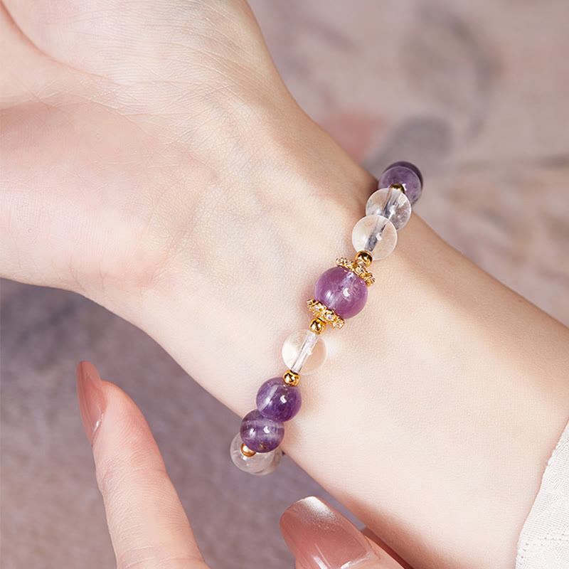 Natural Amethyst and Clear Quartz 925 Sterling Silver Balance Bracelet
