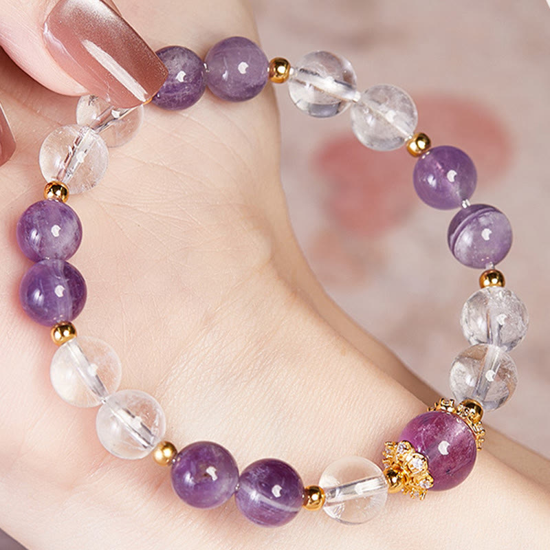 Natural Amethyst and Clear Quartz 925 Sterling Silver Balance Bracelet