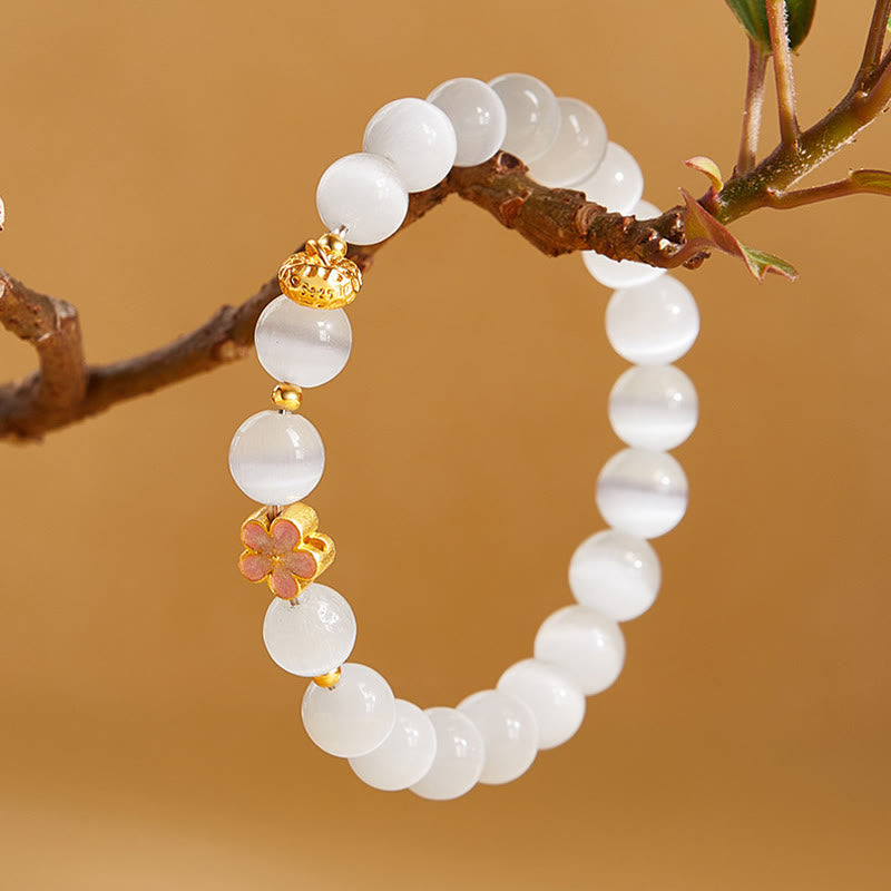 Natural White Cat's Eye & 925 Sterling Silver Peach Blossom Bracelet