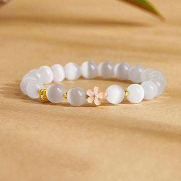 Natural White Cat's Eye & 925 Sterling Silver Peach Blossom Bracelet