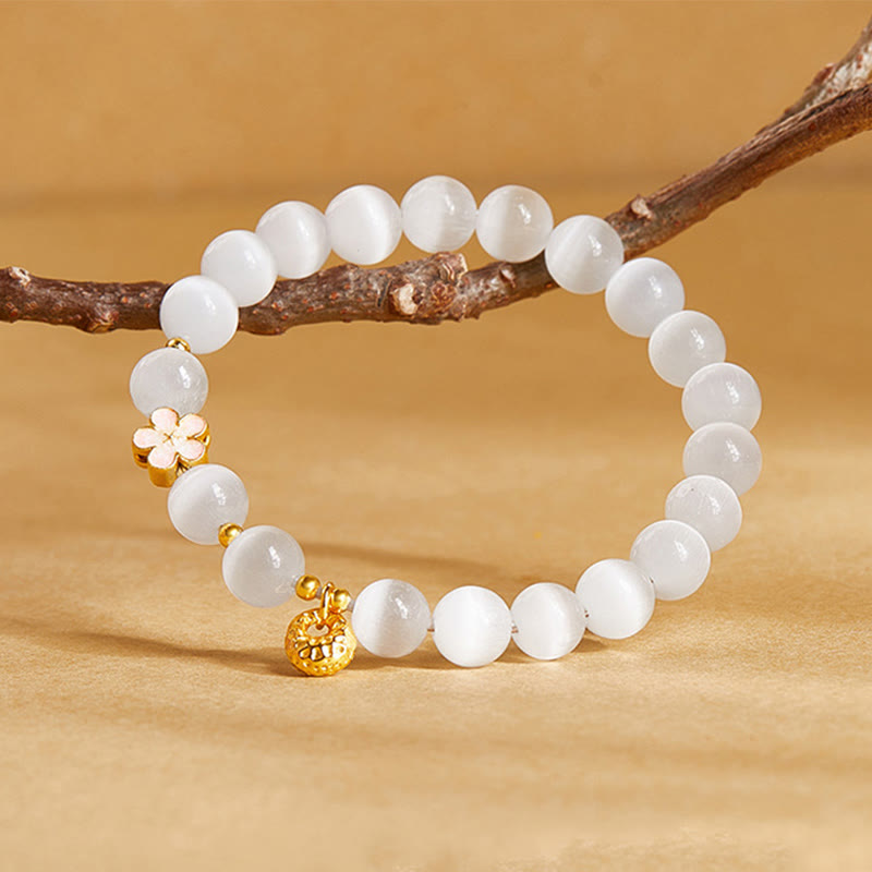Natural White Cat's Eye & 925 Sterling Silver Peach Blossom Bracelet