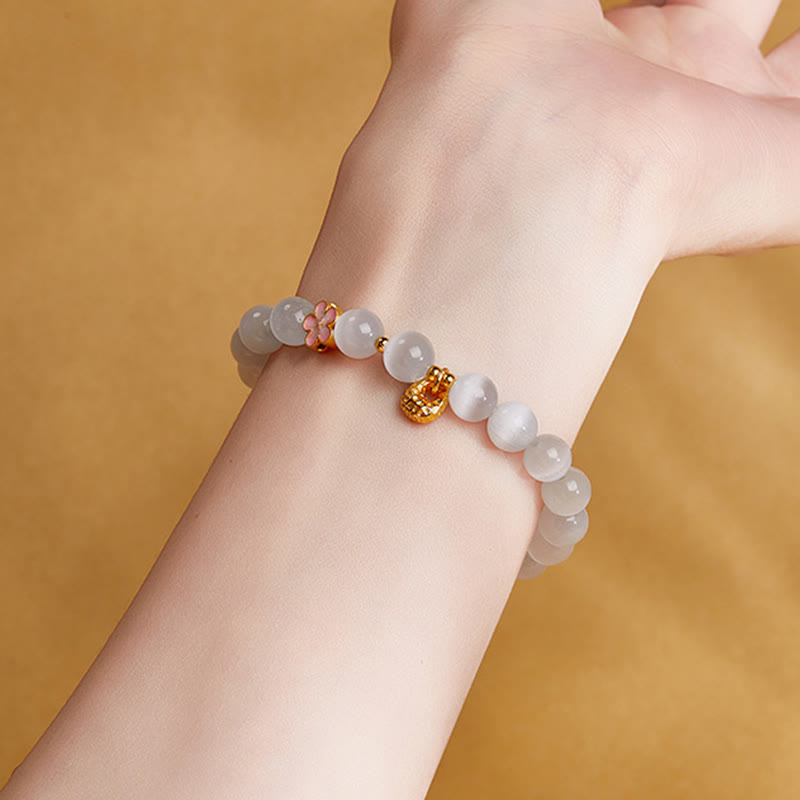 Natural White Cat's Eye & 925 Sterling Silver Peach Blossom Bracelet