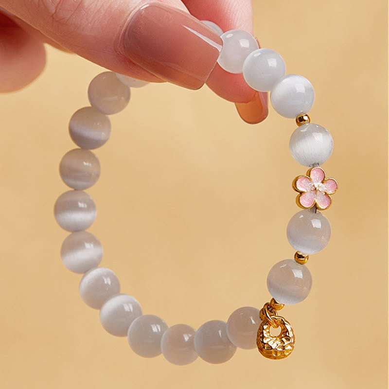 Natural White Cat's Eye & 925 Sterling Silver Peach Blossom Bracelet