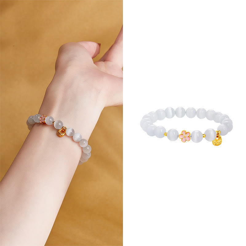 Natural White Cat's Eye & 925 Sterling Silver Peach Blossom Bracelet