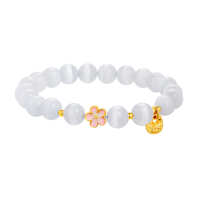 Natural White Cat's Eye & 925 Sterling Silver Peach Blossom Bracelet