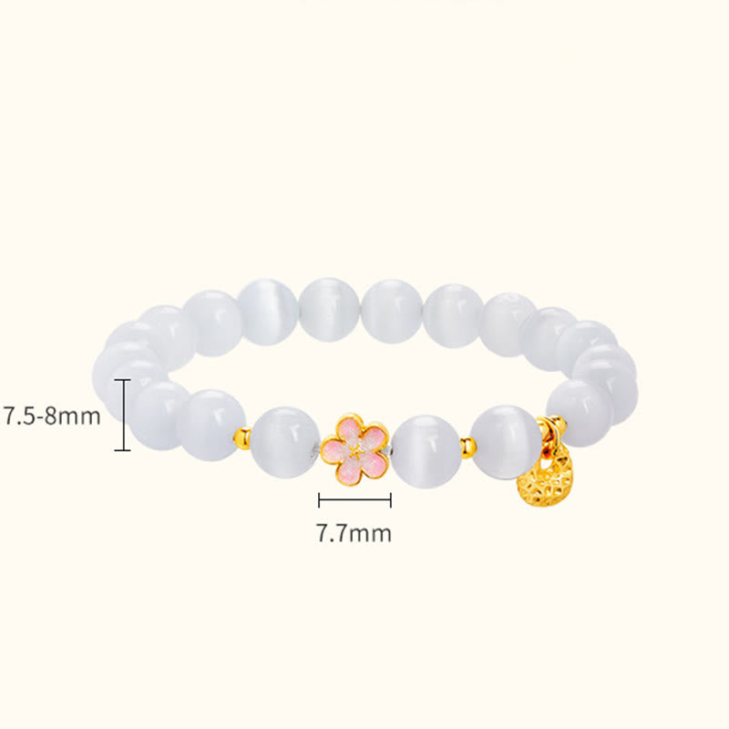 Natural White Cat's Eye & 925 Sterling Silver Peach Blossom Bracelet