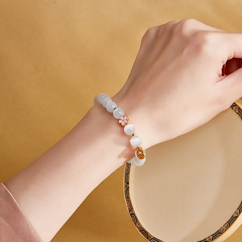 Natural White Cat's Eye & 925 Sterling Silver Peach Blossom Bracelet