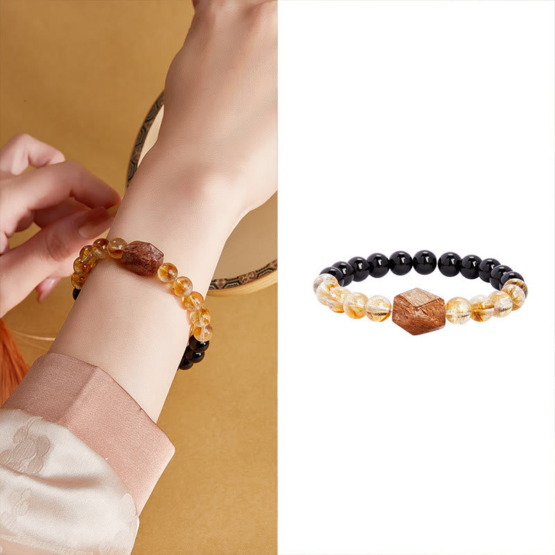 Natural Super Seven, Citrine, and Black Obsidian Beaded Crystal Bracelet