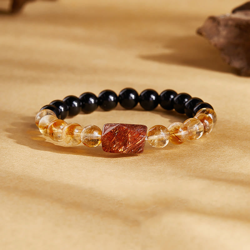 Natural Super Seven, Citrine, and Black Obsidian Beaded Crystal Bracelet