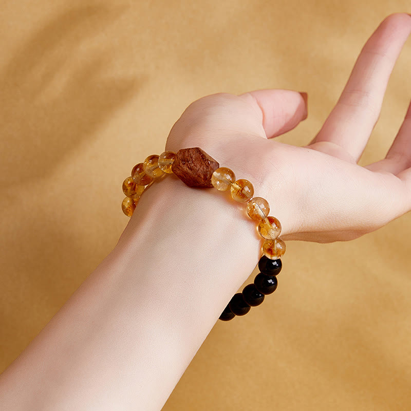 Natural Super Seven, Citrine, and Black Obsidian Beaded Crystal Bracelet