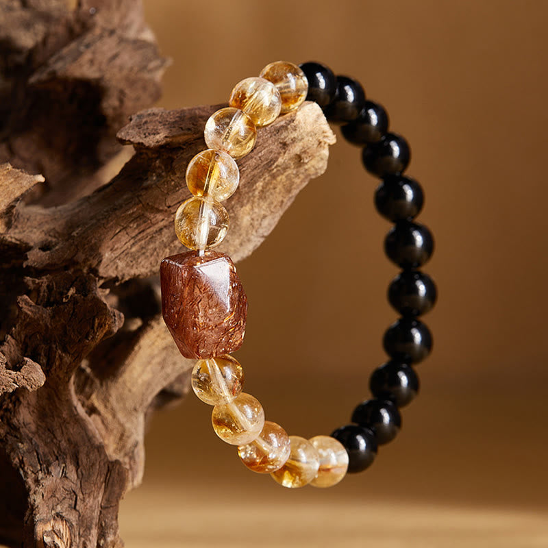 Natural Super Seven, Citrine, and Black Obsidian Beaded Crystal Bracelet
