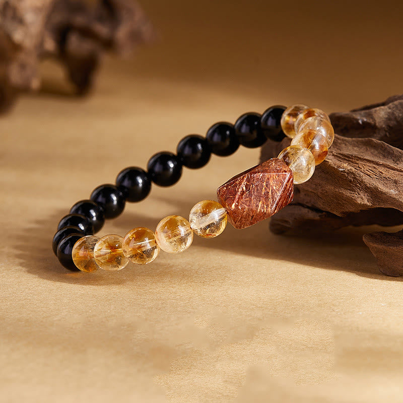 Natural Super Seven, Citrine, and Black Obsidian Beaded Crystal Bracelet