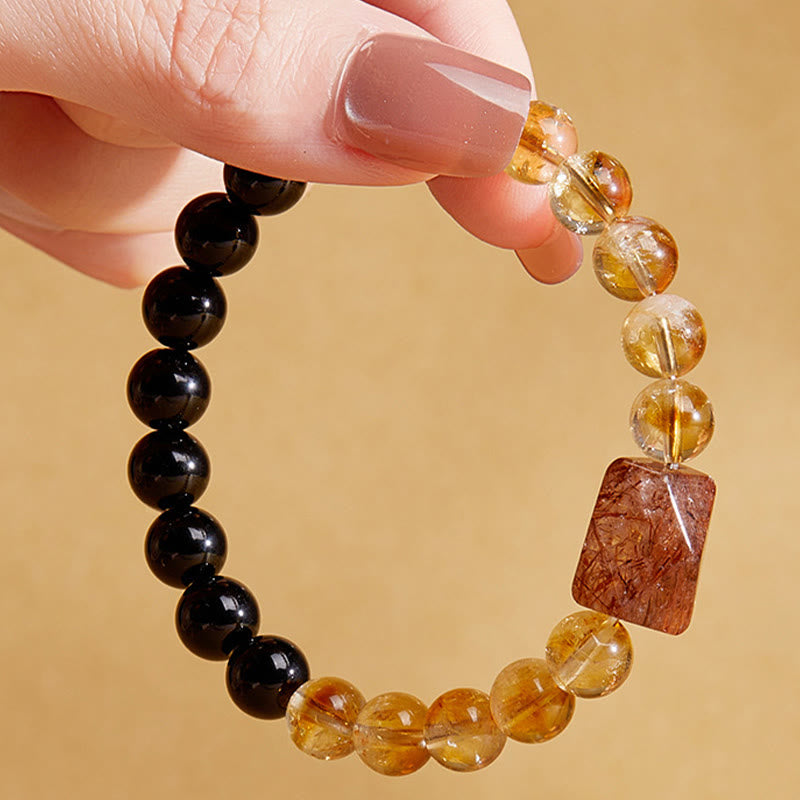 Natural Super Seven, Citrine, and Black Obsidian Beaded Crystal Bracelet