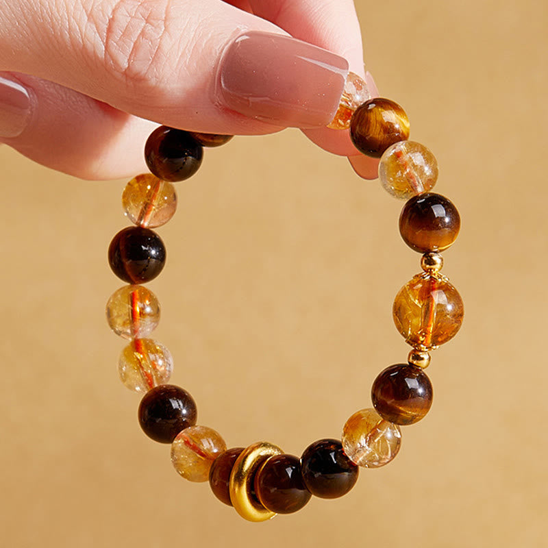 999 Sterling Silver Natural Citrine Tiger Eye Peace Buckle Protection Bracelet