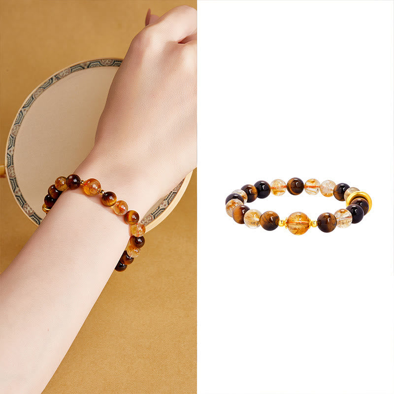 999 Sterling Silver Natural Citrine Tiger Eye Peace Buckle Protection Bracelet