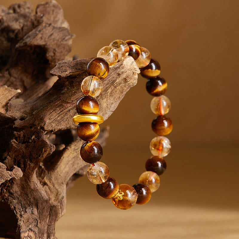 999 Sterling Silver Natural Citrine Tiger Eye Peace Buckle Protection Bracelet