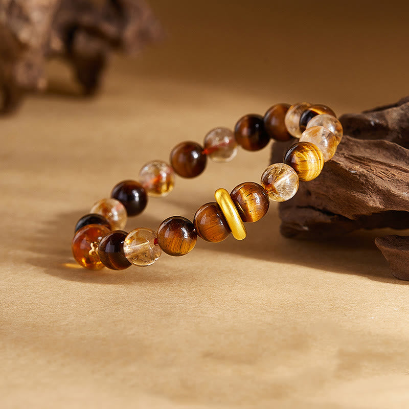 999 Sterling Silver Natural Citrine Tiger Eye Peace Buckle Protection Bracelet