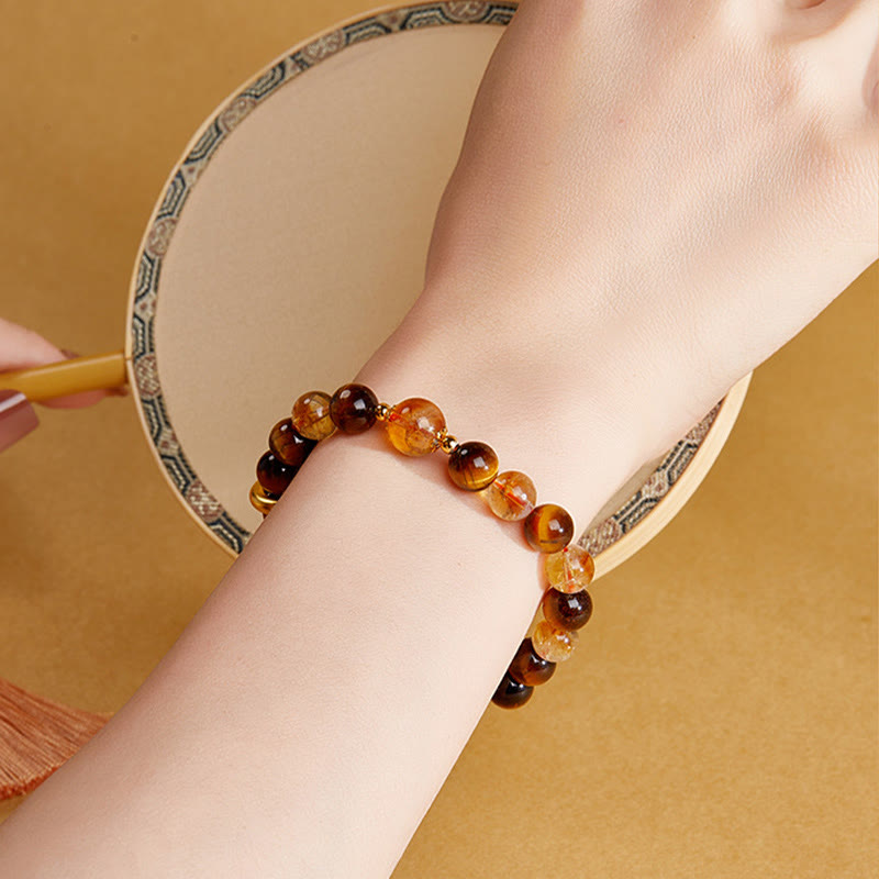 999 Sterling Silver Natural Citrine Tiger Eye Peace Buckle Protection Bracelet