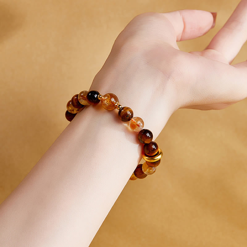 999 Sterling Silver Natural Citrine Tiger Eye Peace Buckle Protection Bracelet