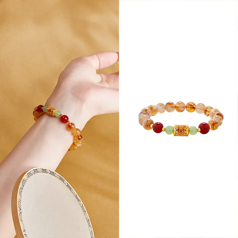999 Sterling Silver Hetian Jade & Red Agate Beaded Natural Citrine Bracelet