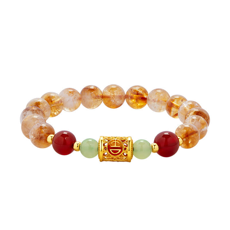 999 Sterling Silver Hetian Jade & Red Agate Beaded Natural Citrine Bracelet
