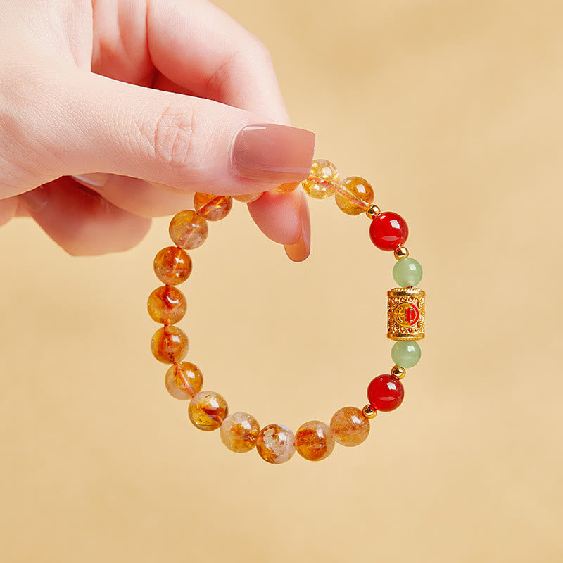 999 Sterling Silver Hetian Jade & Red Agate Beaded Natural Citrine Bracelet