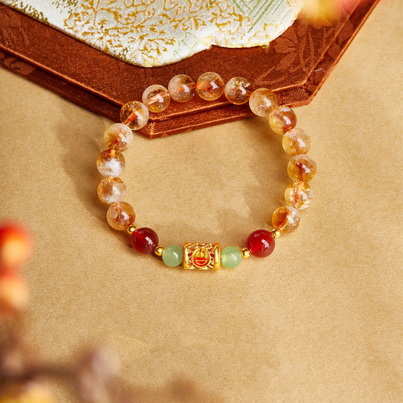 999 Sterling Silver Hetian Jade & Red Agate Beaded Natural Citrine Bracelet