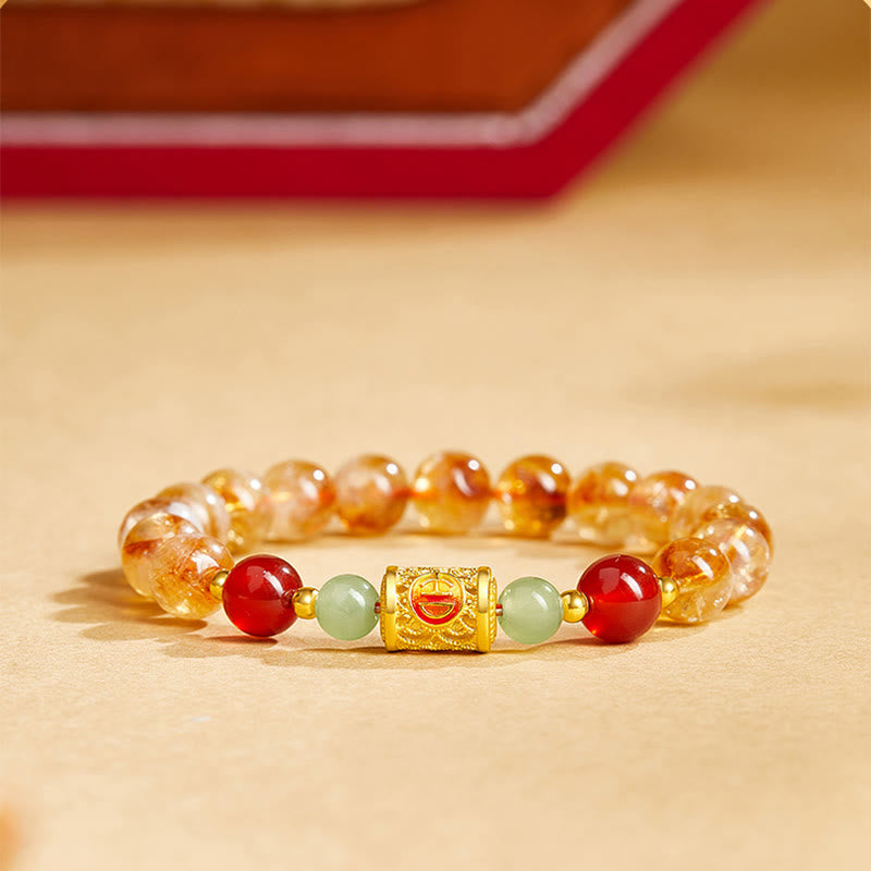 999 Sterling Silver Hetian Jade & Red Agate Beaded Natural Citrine Bracelet