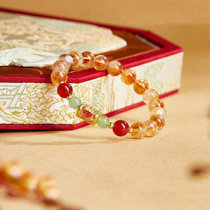 999 Sterling Silver Hetian Jade & Red Agate Beaded Natural Citrine Bracelet